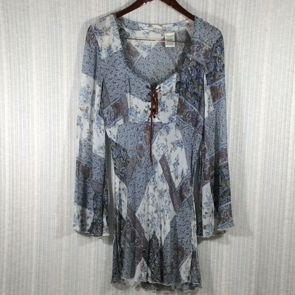 Boho Fairy Grunge 90s Patchwork Sheer Tunic Top Large
